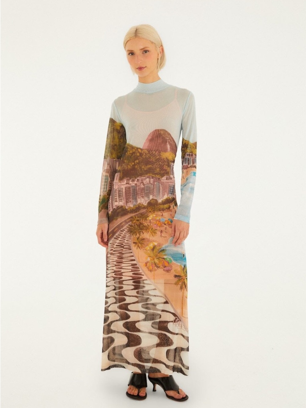 FARM Rio Copacabana Scenic Print Long Sleeve Mesh Maxi Dress Size Small NWT